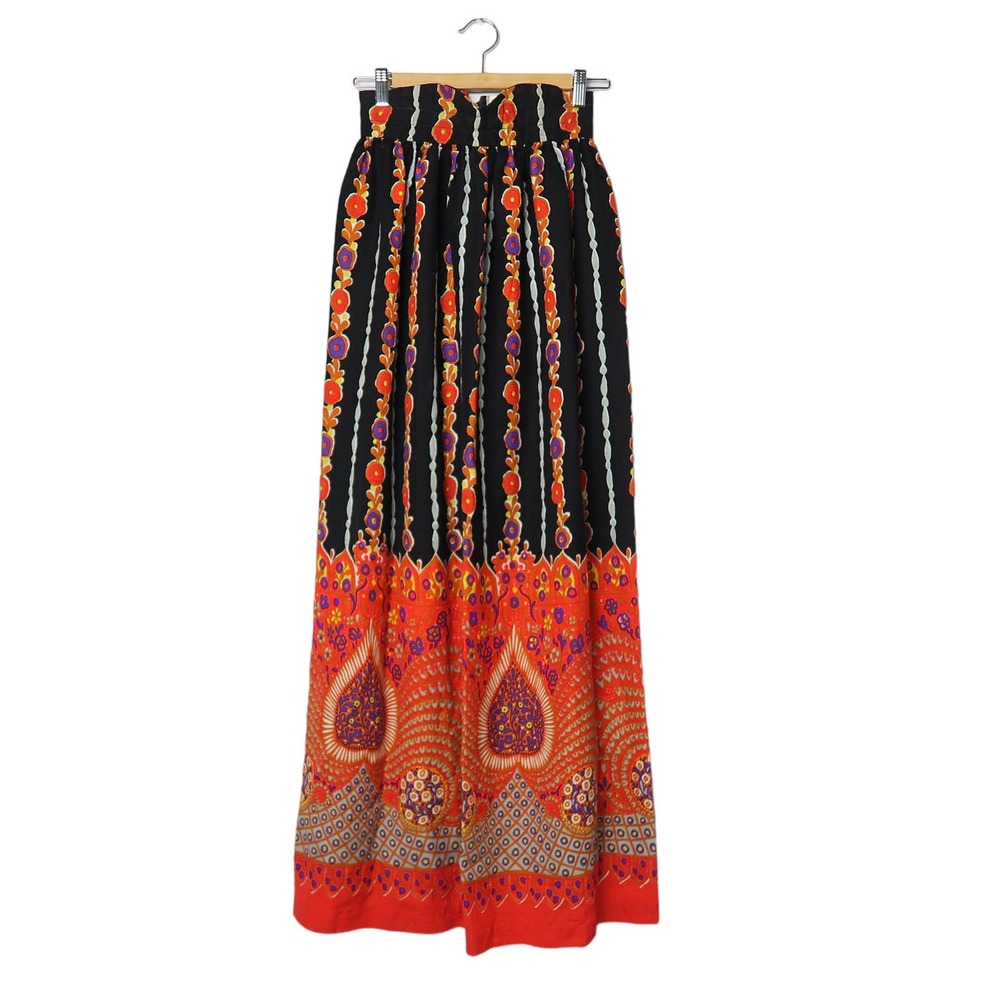 Vintage 70s black purple orange bohemian floral barkcloth maxi skirt XS